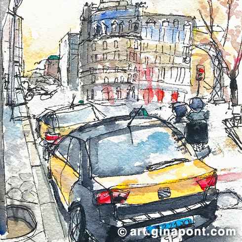 Watercolor and rotring urban sketch of typical taxis of Barcelona, yellow and black.
