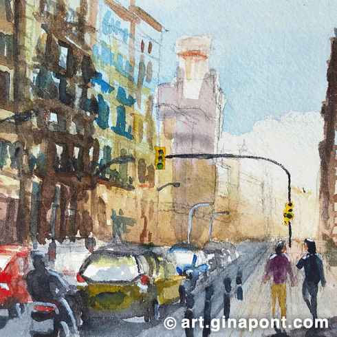 Dibujo urbano en acuarela y lápiz del tráfico en el centro de Barcelona, en un día soleado. Vemos una ancha avenida con muchos coches y edificios altos.