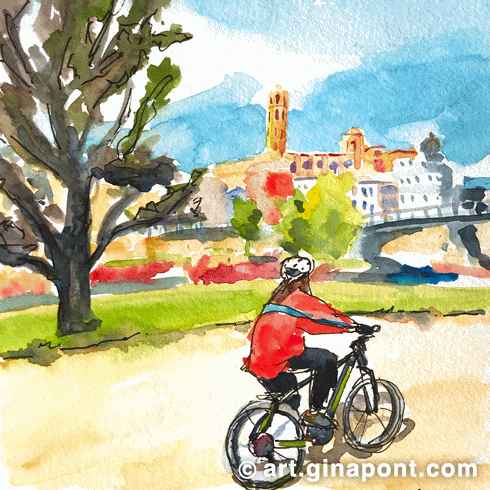 Urban sketch en acuarela y rotring hecho por Gina Pont del Río Segre, Lleida. Muestra una chica en bicicleta cerca del río, con La Seu Vella de fondo.
