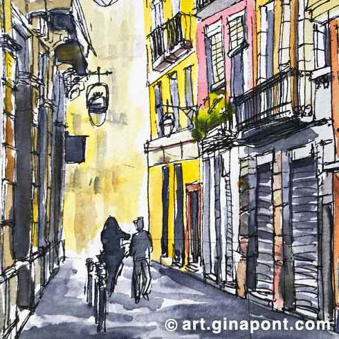 Boceto urbano de Gina Pont, en acuarela y rotring, del Barrio Gótico, Barcelona. Representa una romántica y estrecha callejuela residencial en el Barrio Gótico con farolas antiguas entre los edificios.