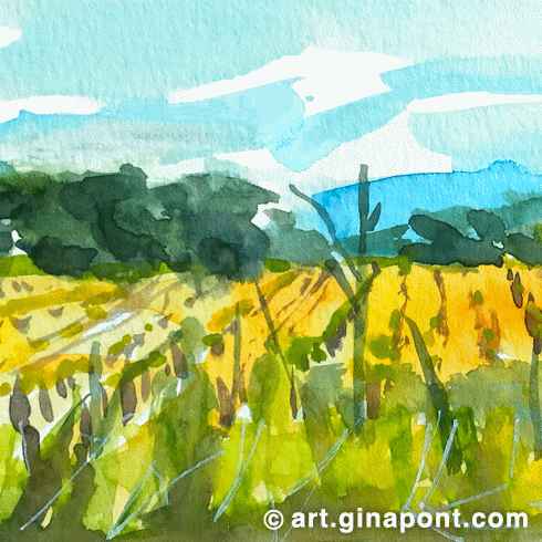 Watercolor rural sketch of Gina Pont drawn from Sant Salvador forest. It shows views of green and yellow fields in Vilassar de Dalt, Maresme.