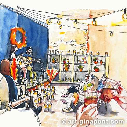 Gina Pont watercolor print drawn on the occasion of the Candle Concert performance. It shows the audience in the foreground and the two singers in the background.