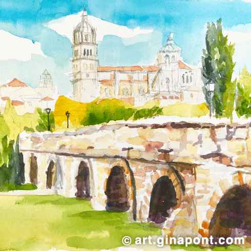 Lámina en acuarela de Gina Pont de la ciudad española de Salamanca, Castilla y León. Muestra las vistas de Salamanca desde el puente romano de Tormes, con la catedral al fondo.