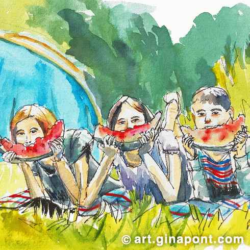 Lámina en acuarela de Gina Pont de tres niños estirados en una manta de picnic en el campamento, comiendo sandía y divirtiéndose.