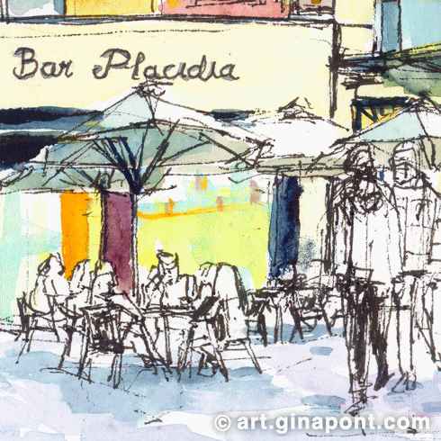 Watercolor drawing of Gal·la Placídia Square, Barcelona. I practiced sketching people in movement.