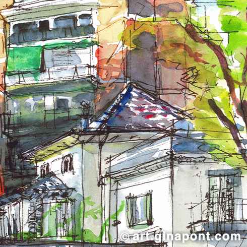 Drawing with Inky Fingers Barcelona: Watercolor sketch of El Roure, a classic building located in Joaquim Pena square, in Sant Gervasi neighborhood.