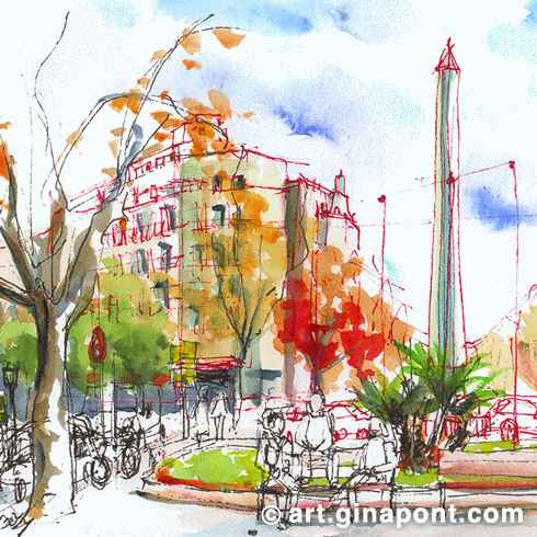 Drawing with Inky Fingers Barcelona: Watercolor sketch of Jardinets de Gràcia, a boulevard that link Passeig de Gràcia to its extension, Carrer Gran de Gràcia. They were designed by the architect Nicolau Maria Rubió i Tudurí and are dedicated to the Catalan writer, Salvador Espriu, who lived for many years in Casa Fuster, just opposite the Jardinets.