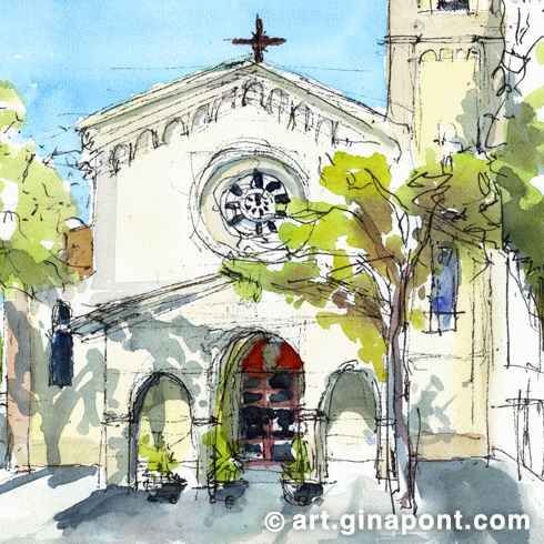 Drawing with Inky Fingers Barcelona: Watercolor and rotring sketch of Santa Magdalena church, Esplugues de Llobregat. It shows the simple but elegant facade of the ecclesiastical monument.
