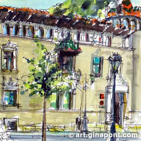 Gina Pont watercolor art print of Deputation of Barcelona done in the afternoon meeting with Inky Fingers. It shows the facade of the Provincial Deputation of Barcelona, the local body charged with the government and administration of the province of Barcelona, Spain.