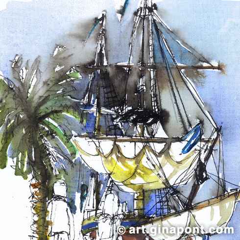 Testing watercolors of Phoenix arts on absorb canvas pad. It shows Götheborg, the world's largest wooden sailing ship.