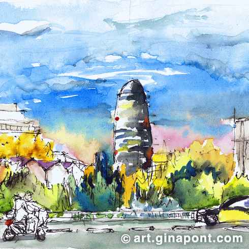 Watercolor's illustration of Marina bridge in Barcelona with Glories tower on the background. With the vivid colors of Phoenix art show a beautiful sunset.