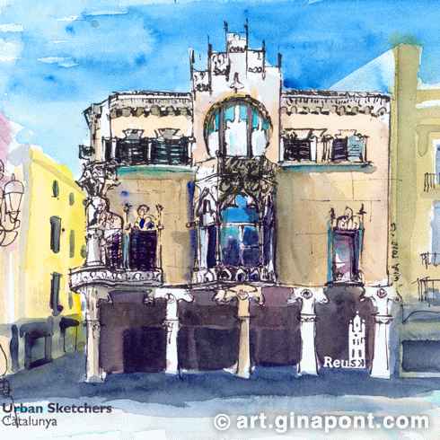 Gina Pont watercolor illustration of Casa Navàs, the art-déco best conserved building in Catalonia. It was done in the morning meeting with USK Catalunya.
