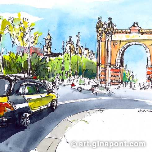Ilustración en acuarela de Gina Pont del Arco de Triunfo de Barcelona. En el boceto urbano, hecho en directo, destaca un taxi en primer plano que le da dinamismo a la composición.