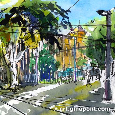Urban sketch in watercolor of Wellington street, which starts at the Barcelona Zoo and ends at the Estació del Nord. It has the peculiarity that it is the only street in Barcelona that begins with W. In addition, the center of its roadway is crossed by a streetcar.