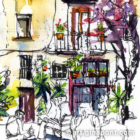 Watercolor illustration by Gina Pont of the facade of the house of Lucky and Inés, who began to accumulate plants and plants. It is located near the Picasso Museum.