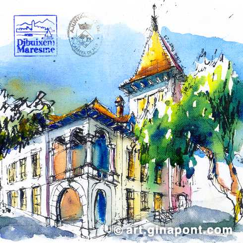 Watercolor illustration by Gina Pont of the Ametller tower, in Cabrera de Mar. The drawing shows the facade of the Xanascat hostel of noucentista construction from 1920.