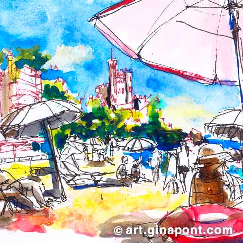 Ilustración hecha desde la playa de Lloret de Mar del emblemático castillo. El dibujo muestra el ambiente de la playa.