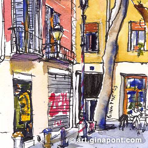 Watercolor illustration by Gina Pont of the Sant Vicenç square. The square occupies a small space, and is surrounded by trees. All this gives it a cozy aspect that has turned it into a set for the occasional filming of advertisements.