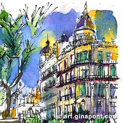 Ilustración hecha en directo de Via Laietana. La acuarela muestra una calle transitada con una fachada de arquitectura barcelonesa.