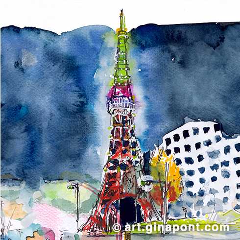 Watercolor illustration by Gina Pont of Tokyo Tower at night. This is a sketch made live during the trip to Japan.