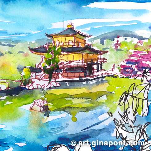 Ilustración en acuarela de Gina Pont del Templo del Pabellón Dorado o Templo Kinkakuji en Kyoto, Japón. Es un dibujo hecho en acuarela del templo con el lago en primer plano. Refleja la arquitectura asiática.