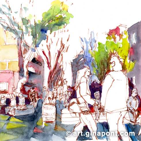Watercolor illustration by Gina Pont of the new pacified green area between Compte Borrell and Parlament streets, in Eixample, Barcelona. This is a live urban sketch showing children playing ball and families talking on the benches.