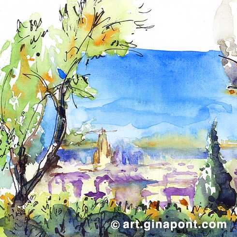 Urban watercolor sketch of Monterols Park, located in the upper part of Barcelona near Sarrià neighborhood. The drawing, made by Gina Pont, shows the views of the city from the hill of the park. This hill was part of an old private estate with garden and forest, which was never built on and in the 1940s was acquired by the Barcelona City Council, which used it as a public park. 