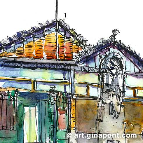 Urban sketch in watercolor of the facade of the Llibertat Market. It was designed by the architect Miquel Pascual and its construction began in 1888, being inaugurated in 1893. The building is listed as a cultural asset of local interest.