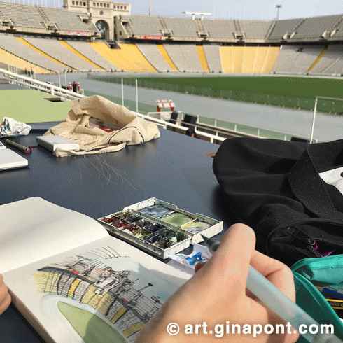 Con motivo del 48H Open House festival, Urban Sketchers Barcelona organizó un evento para dibujar el Palau Sant Jordi y el Estadi Olímpic Lluís Companys.