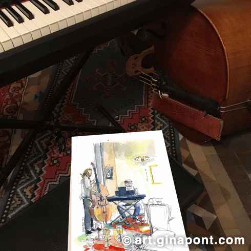 Me alegro de haber formado parte del encuentro benéfico contra el cáncer Jazz & Wine. Pinté en directo la actuación del contrabajista Tempe Hernández y el pianista Sergi Sirvent. Además, aprendí sobre el vino Clos Figueras. ¡Gracias por invitarme, Virgil Simons!.