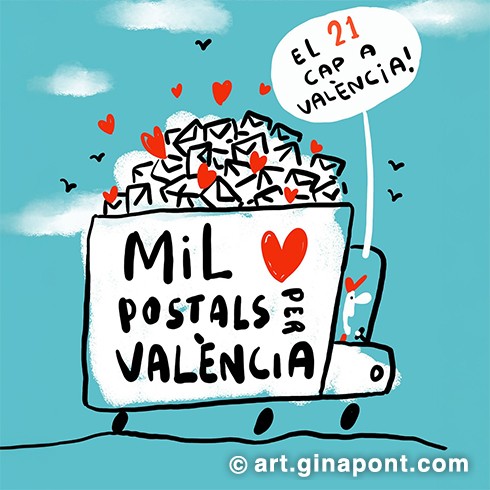 Un grupo de ilustradorxs organizó un proyecto solidario para hacer llegar un poco de ánimo a la gente de Horta Sud de cara a las fiestas navideñas: MIL POSTALS PER VALÈNCIA. Me invitaron, junto con muchos artistas, a un evento presencial para crear postales que se enviarían de forma anónima. Grabaron en formato de mini documental cómo dibujamos las postales en Barcelona y cómo las recibieron en Valéncia.