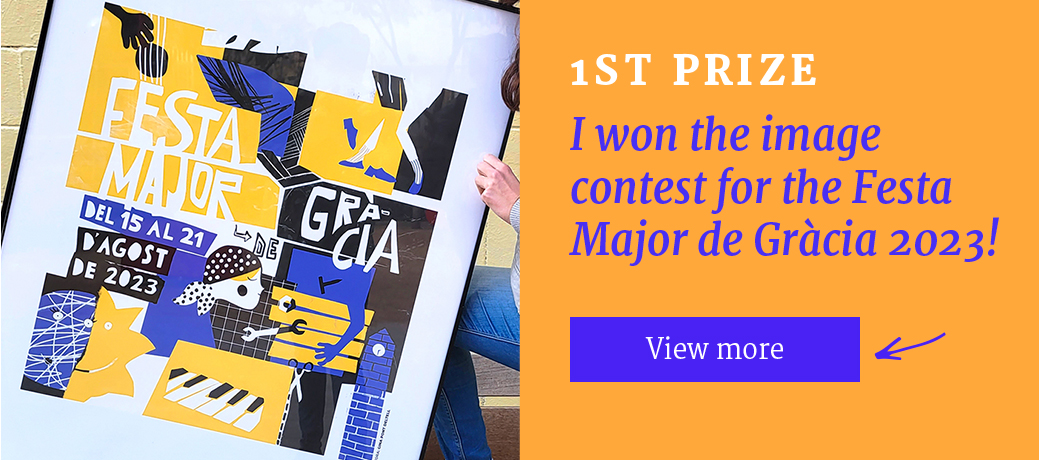 Framed illustrated poster of the Festa Major de Gràcia 2023, featuring a design in yellow, blue, and black. The composition includes graphic elements such as musical instruments, a tower, and tools, representing the variety of activities during the festival. Event dates: August 15–21, 2023. The illustration captures the vibrant spirit of this celebration in the Gràcia neighborhood of Barcelona.