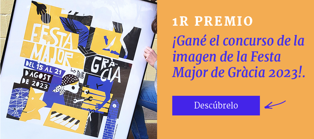 Cartel ilustrado de la Festa Major de Gràcia 2023 enmarcado, con diseño en colores amarillo, azul y negro. La composición incluye elementos gráficos como instrumentos musicales, una torre y herramientas, representando la variedad de actividades de la fiesta. Fechas del evento: del 15 al 21 de agosto de 2023. La ilustración captura el espíritu vibrante de esta celebración en el barrio de Gràcia en Barcelona.