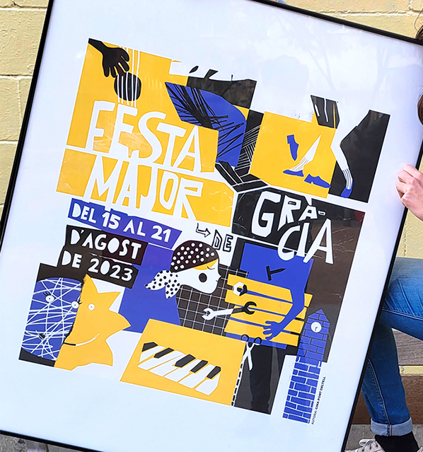 Framed illustrated poster of the Festa Major de Gràcia 2023, featuring a design in yellow, blue, and black. The composition includes graphic elements such as musical instruments, a tower, and tools, representing the variety of activities during the festival. Event dates: August 15–21, 2023. The illustration captures the vibrant spirit of this celebration in the Gràcia neighborhood of Barcelona.
