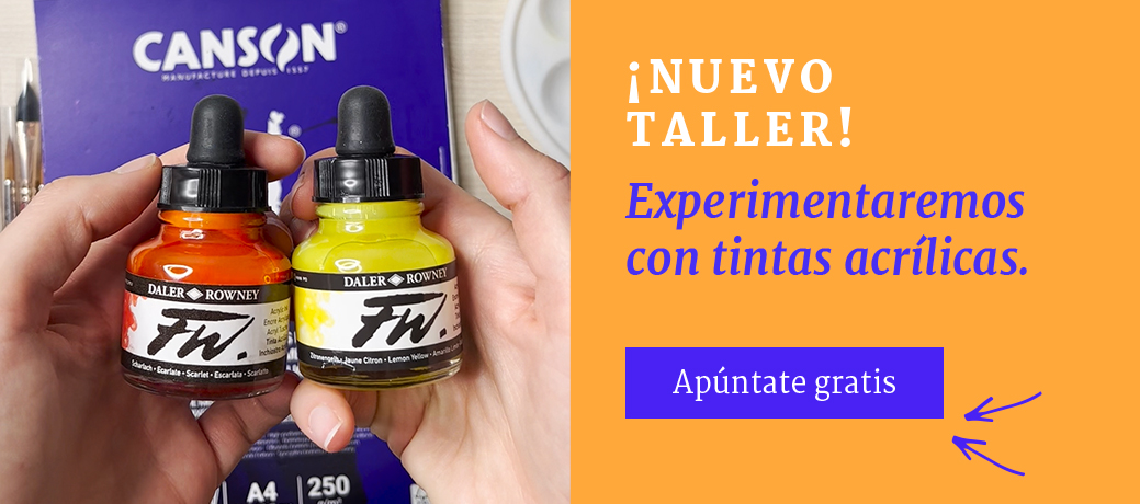 Dos frascos de tinta acrílica FW en colores rojo y amarillo, sostenidos frente a un bloc de papel Canson, ideales para talleres de urban sketching. En esta página, puedes inscribirte en clases para aprender técnicas de pintura urbana y participar en sorteos gratuitos de materiales artísticos.