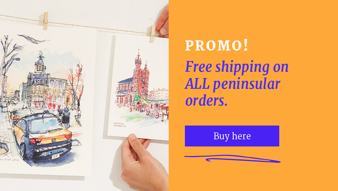 Buy original urban sketching illustrations online: two ink and watercolor artworks of urban scenes. One depicts a street with a taxi in the foreground and a historic building in the background, while the other showcases the Main Market Square with St. Mary's Basilica and a carriage in Kraków. Each illustration captures the unique details and atmosphere of each city, perfect for those seeking original watercolor art of urban scenes.