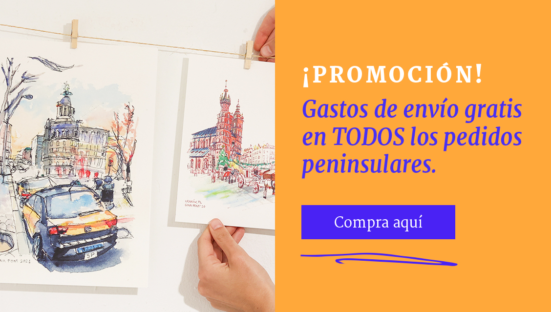 Comprar ilustraciones online en técnica de urban sketching: dos obras en tinta y acuarela de escenas urbanas, una de ellas muestra una calle con un taxi en primer plano y un edificio histórico al fondo, mientras que la otra representa la Plaza del mercado con la basílica de Santa María y un carruaje en Cracovia. Cada ilustración captura los detalles y el ambiente de cada ciudad, disponibles para quienes buscan arte original de escenas urbanas en acuarela.