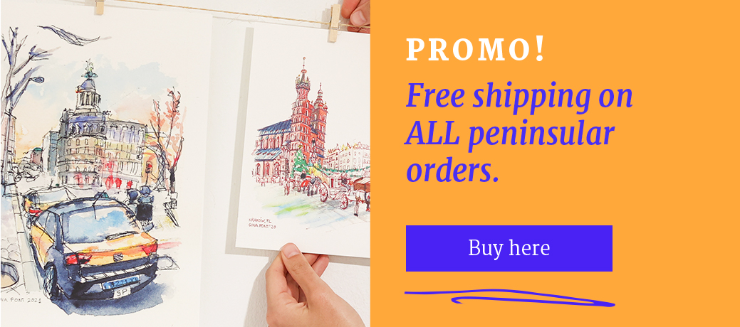 Buy original urban sketching illustrations online: two ink and watercolor artworks of urban scenes. One depicts a street with a taxi in the foreground and a historic building in the background, while the other showcases the Main Market Square with St. Mary's Basilica and a carriage in Kraków. Each illustration captures the unique details and atmosphere of each city, perfect for those seeking original watercolor art of urban scenes.