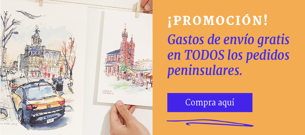 Comprar ilustraciones online en técnica de urban sketching: dos obras en tinta y acuarela de escenas urbanas, una de ellas muestra una calle con un taxi en primer plano y un edificio histórico al fondo, mientras que la otra representa la Plaza del mercado con la basílica de Santa María y un carruaje en Cracovia. Cada ilustración captura los detalles y el ambiente de cada ciudad, disponibles para quienes buscan arte original de escenas urbanas en acuarela.