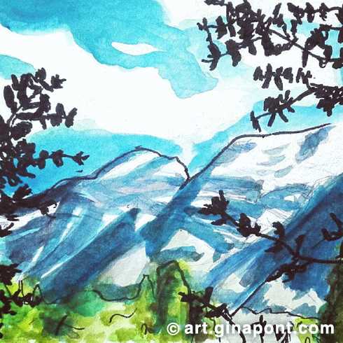 Bielsa mountains: Watercolor and rotring print for sale.