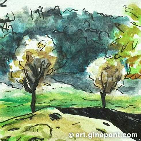 Olot mountains landscape: Watercolor and rotring print for sale.