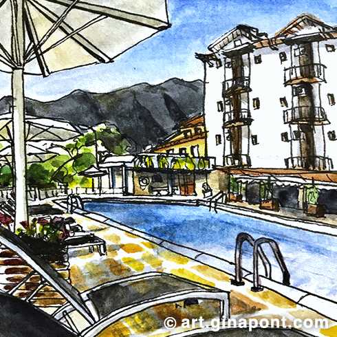 Hotel Terradets: Watercolor and technical pen drawing for sale.