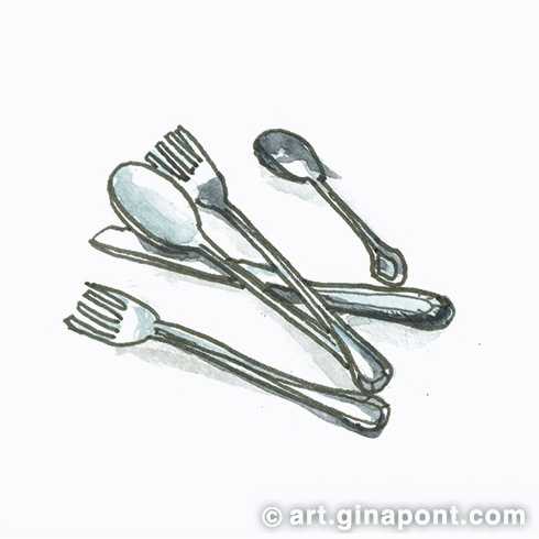 Christmas watercolor drawing: Cutlery: forks, knives and spoons.