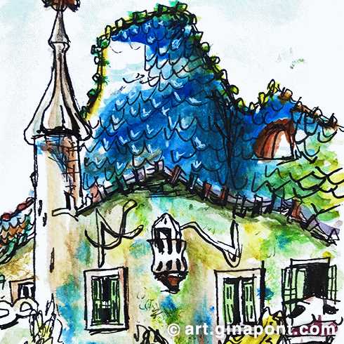 Watercolor drawing of the facade of Casa Batlló, the modernist architect Gaudí, Barcelona.