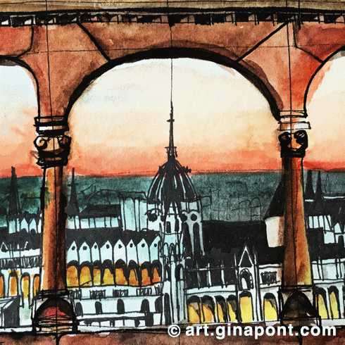 Urban sketch of the Parliament of Hungary, Budapest.