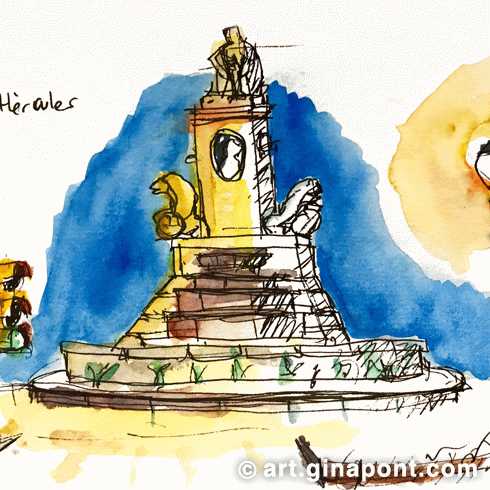 Watercolor urban sketch of Hercules Fountain at night, Passeig de Sant Joan, Barcelona.
