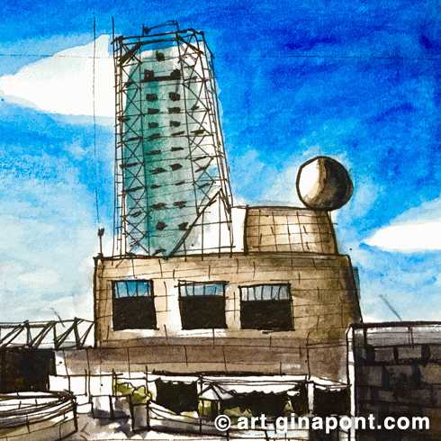 Watercolor sketch of Hotel Arts facade, Port Olímpic, Barcelona.