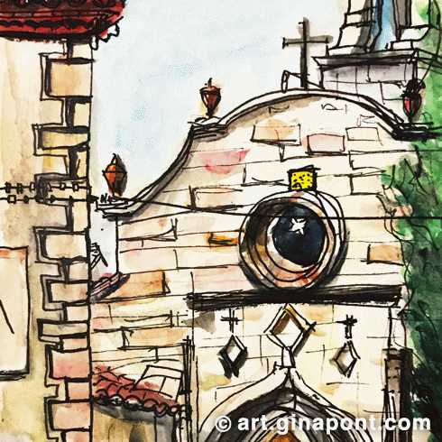 Watercolor drawing of the church Sant Martí de Provençals, Barcelona.