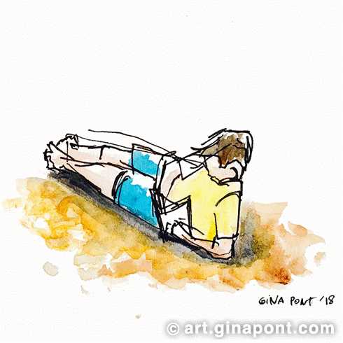 Summertime on the beach: watercolor's drawing of a man reading a book on the beach in Llafranc, Girona.