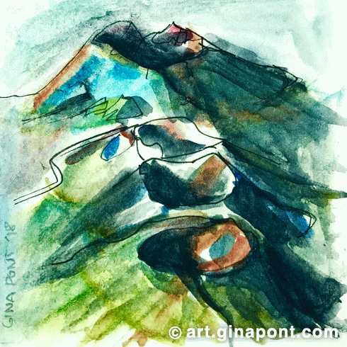 Watercolor sketch of the Timanfaya National Park volcanoes in Lanzarote, Canary Islands.